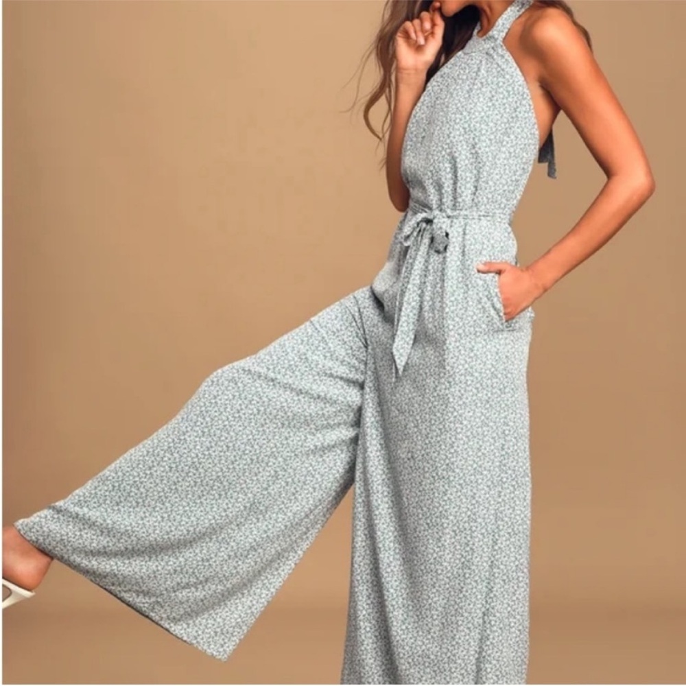 Lulus Brighten the Day Dusty Blue Floral Print
Halter Jumpsuit